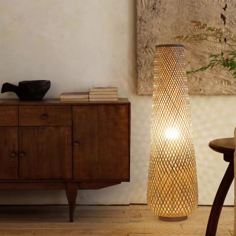 Traditional Chinese Cylinder Bamboo 1-Light Standing Floor Lamp For Living Room