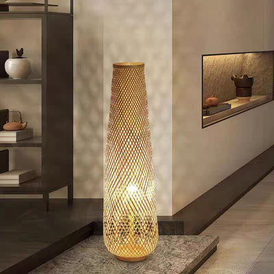 Traditional Chinese Cylinder Bamboo 1-Light Standing Floor Lamp For Living Room