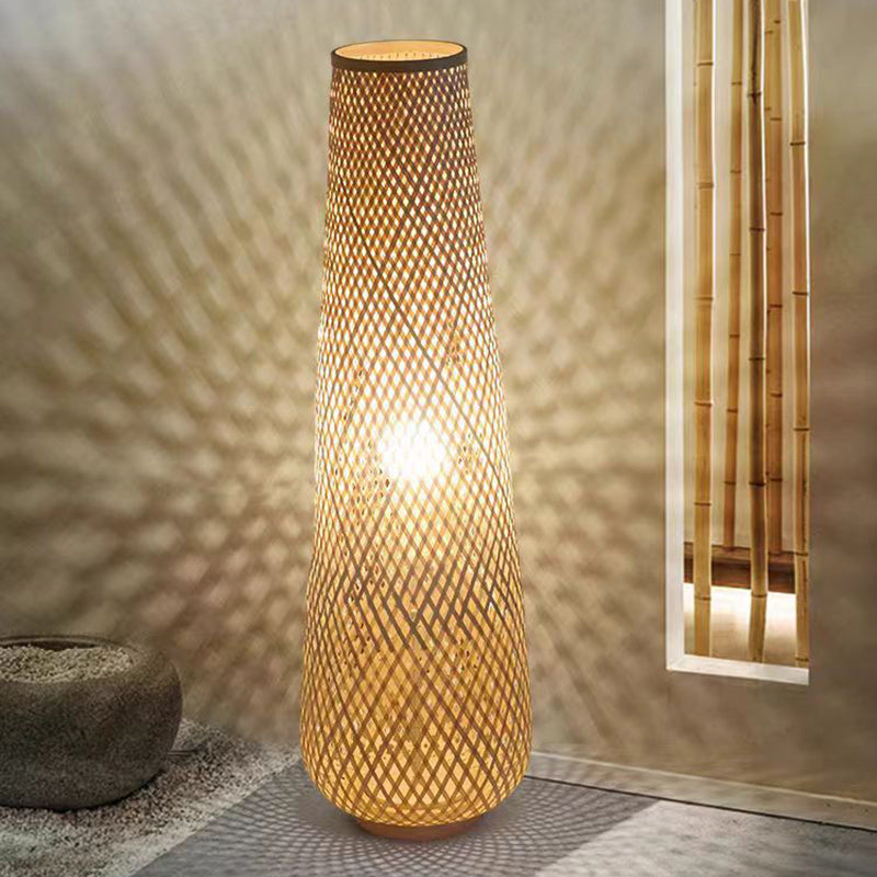 Traditional Chinese Cylinder Bamboo 1-Light Standing Floor Lamp For Living Room