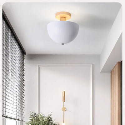 Modern Minimalist Round Dome Iron Wood 1-Light Semi-Flush Mount Ceiling Light For Living Room