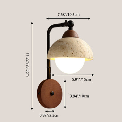 Traditional Japanese Round Dome Yellow Travertine Solid Wood Iron 1-Light Wall Sconce Lamp For Bedroom