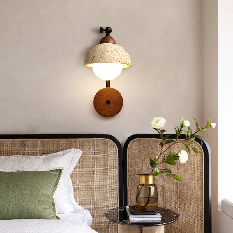 Traditional Japanese Round Dome Yellow Travertine Solid Wood Iron 1-Light Wall Sconce Lamp For Bedroom