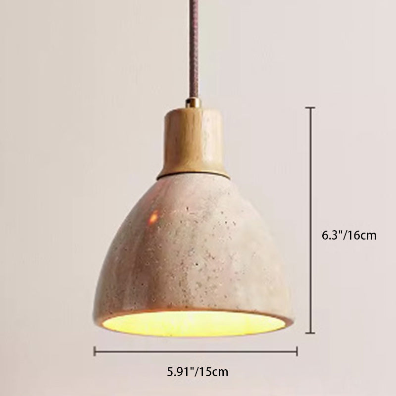 Traditional Japanese Round Half Round Yellow Travertine Solid Wood 1-Light Pendant Light For Living Room