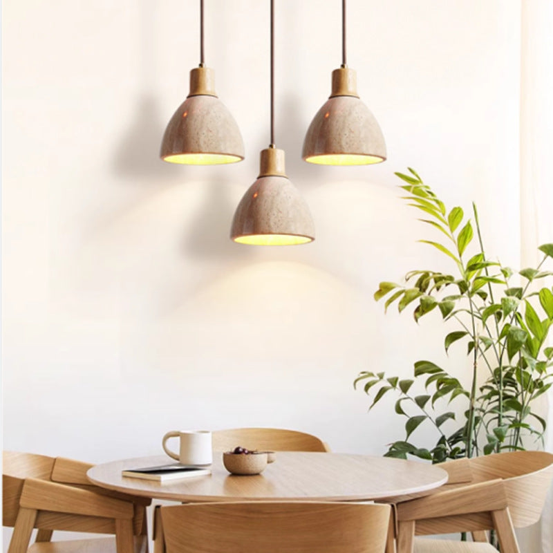 Traditional Japanese Round Half Round Yellow Travertine Solid Wood 1-Light Pendant Light For Living Room