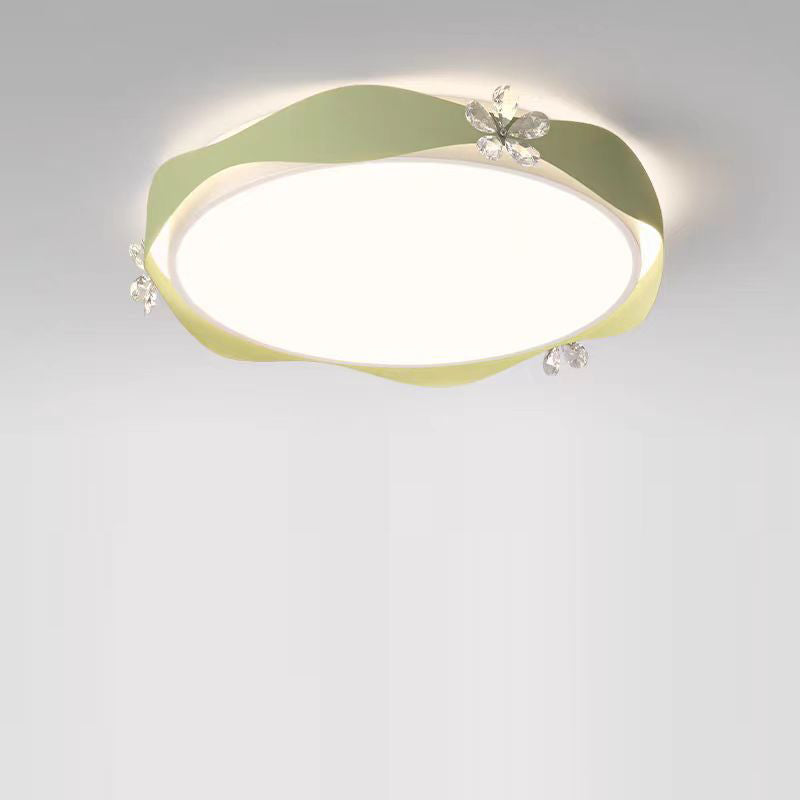 Contemporary Creative Round Flower Wave Iron Crystal PVC LED Flush Mount Ceiling Light For Bedroom