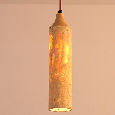 Traditional Japanese Cylinder Yellow Travertine Iron 1-Light Pendant Light For Living Room