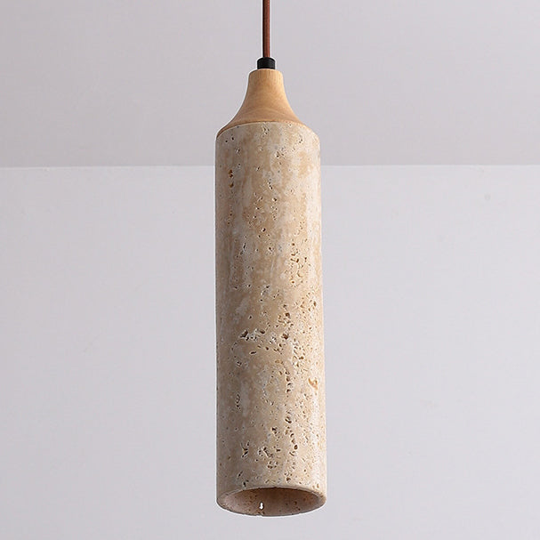 Traditional Japanese Cylinder Yellow Travertine Iron 1-Light Pendant Light For Living Room