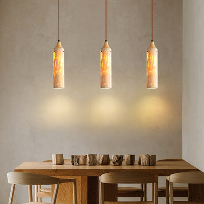 Traditional Japanese Cylinder Yellow Travertine Iron 1-Light Pendant Light For Living Room