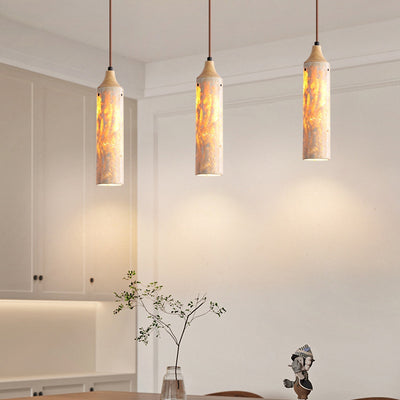 Traditional Japanese Cylinder Yellow Travertine Iron 1-Light Pendant Light For Living Room