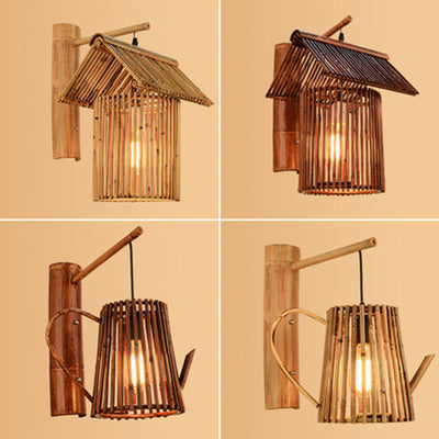 Traditional Chinese House Teapot Shape Bamboo 1-Light Wall Sconce Lamp For Living Room