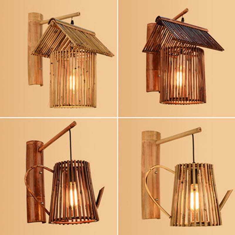 Traditional Chinese House Teapot Shape Bamboo 1-Light Wall Sconce Lamp For Living Room