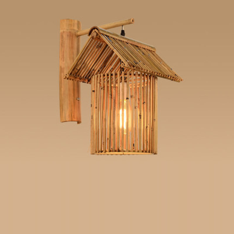 Traditional Chinese House Teapot Shape Bamboo 1-Light Wall Sconce Lamp For Living Room