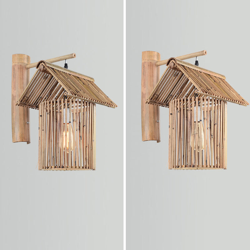 Traditional Chinese House Teapot Shape Bamboo 1-Light Wall Sconce Lamp For Living Room