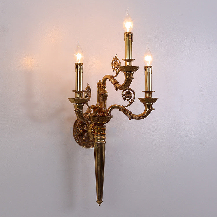 Traditional French Candelabra Carved Curved Rod Copper 3-Light Wall Sconce Lamp For Living Room