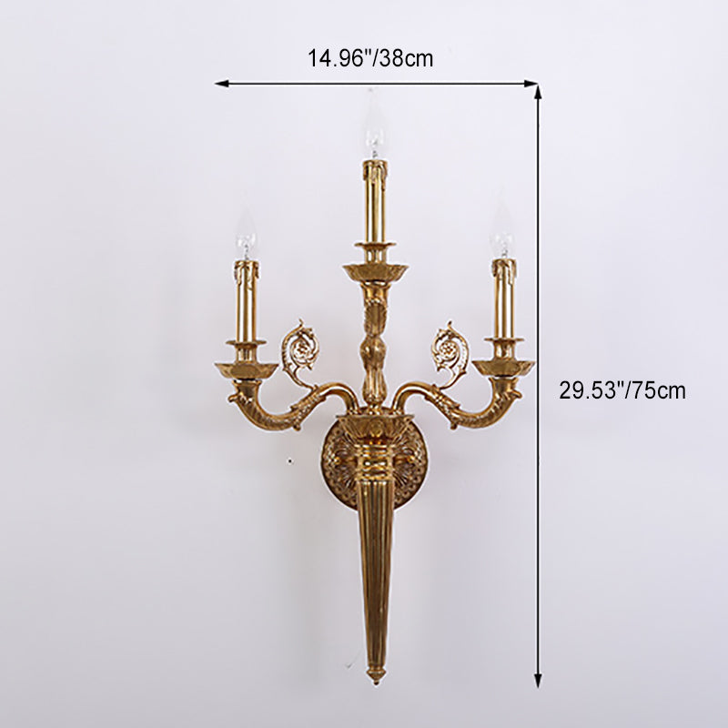 Traditional French Candelabra Carved Curved Rod Copper 3-Light Wall Sconce Lamp For Living Room