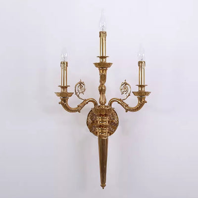 Traditional French Candelabra Carved Curved Rod Copper 3-Light Wall Sconce Lamp For Living Room