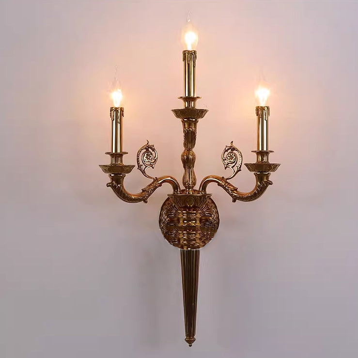 Traditional French Candelabra Carved Curved Rod Copper 3-Light Wall Sconce Lamp For Living Room