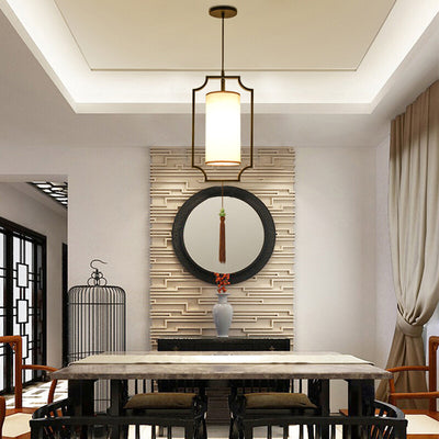 Traditional Chinese Rectangular Cylinder Iron Fabric 1-Light Pendant Light For Living Room