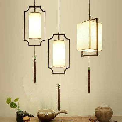 Traditional Chinese Rectangular Cylinder Iron Fabric 1-Light Pendant Light For Living Room