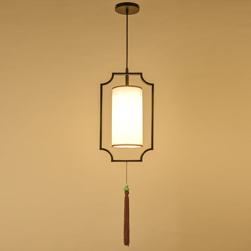 Traditional Chinese Rectangular Cylinder Iron Fabric 1-Light Pendant Light For Living Room