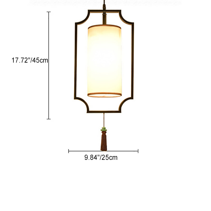 Traditional Chinese Rectangular Cylinder Iron Fabric 1-Light Pendant Light For Living Room