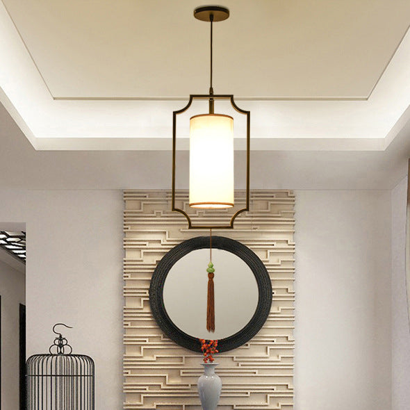 Traditional Chinese Rectangular Cylinder Iron Fabric 1-Light Pendant Light For Living Room