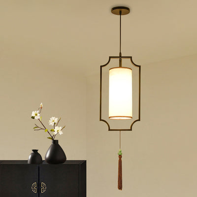 Traditional Chinese Rectangular Cylinder Iron Fabric 1-Light Pendant Light For Living Room