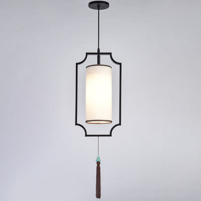 Traditional Chinese Rectangular Cylinder Iron Fabric 1-Light Pendant Light For Living Room