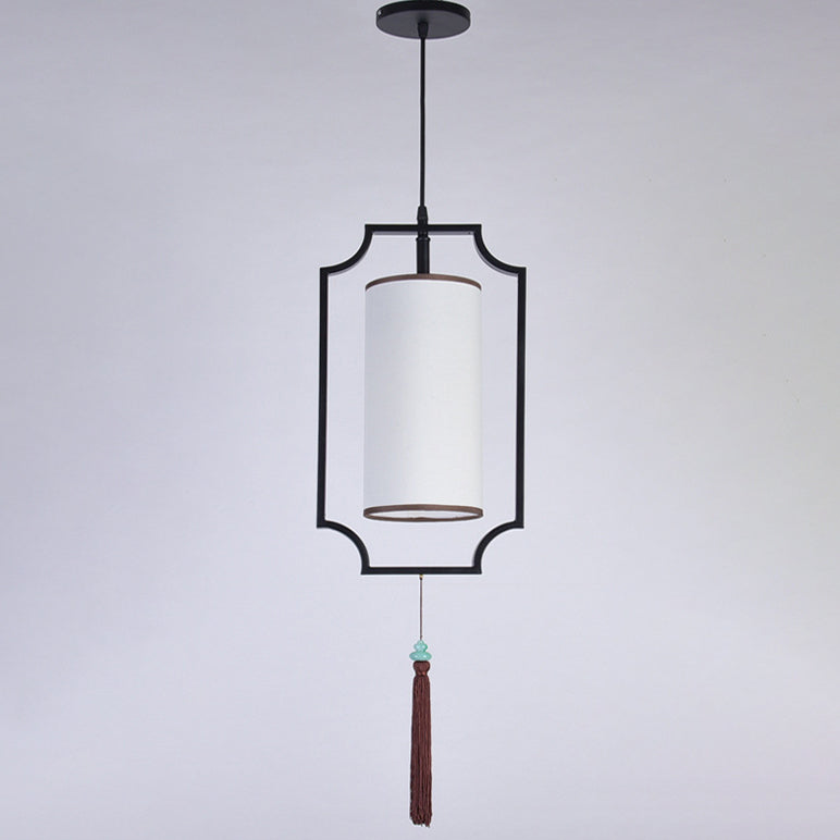 Traditional Chinese Rectangular Cylinder Iron Fabric 1-Light Pendant Light For Living Room