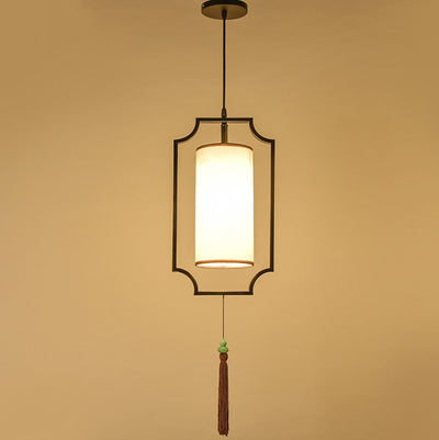 Traditional Chinese Rectangular Cylinder Iron Fabric 1-Light Pendant Light For Living Room