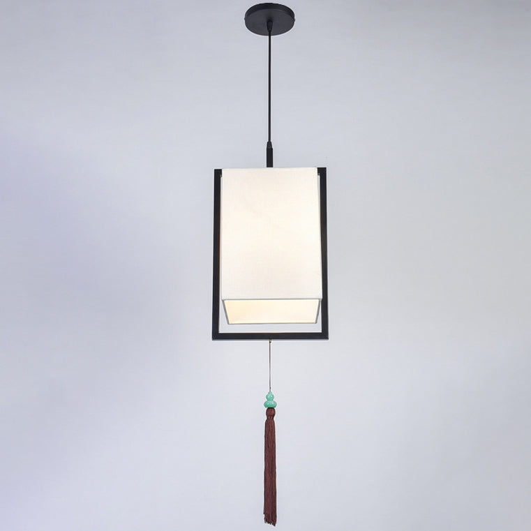 Traditional Chinese Rectangular Cylinder Iron Fabric 1-Light Pendant Light For Living Room