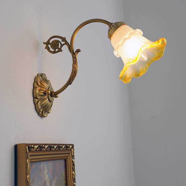 Contemporary French Flower Brass Glass 1-Light Wall Sconce Lamp For Bedroom