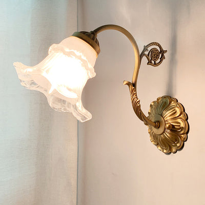 Contemporary French Flower Brass Glass 1-Light Wall Sconce Lamp For Bedroom