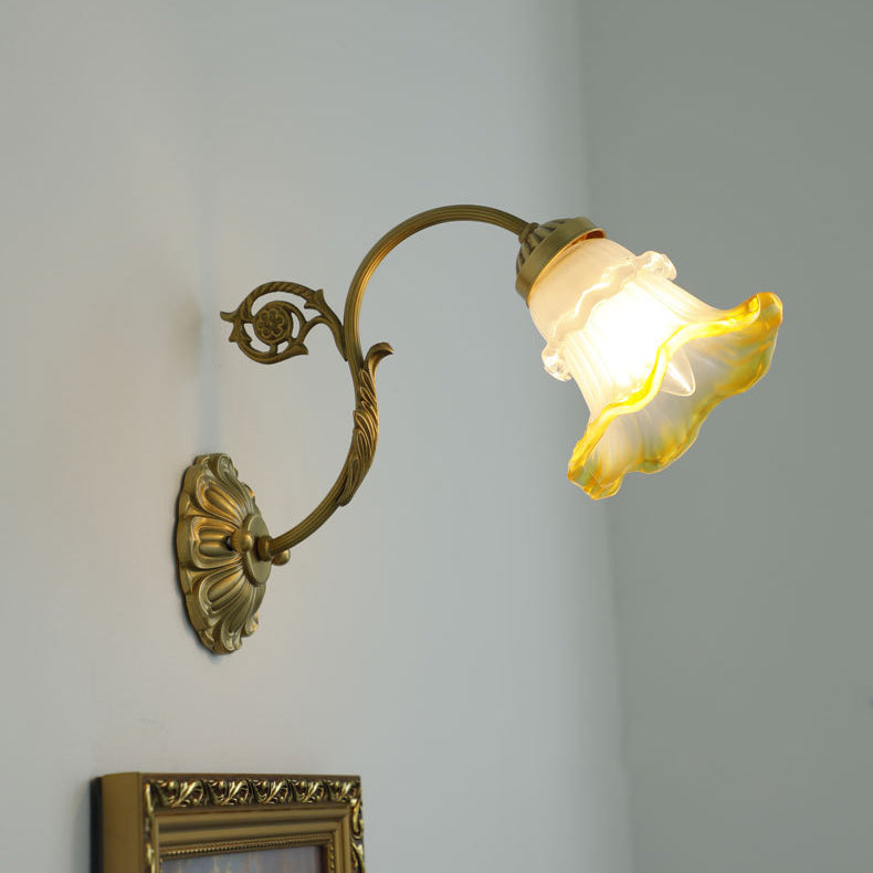 Contemporary French Flower Brass Glass 1-Light Wall Sconce Lamp For Bedroom