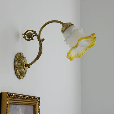 Contemporary French Flower Brass Glass 1-Light Wall Sconce Lamp For Bedroom