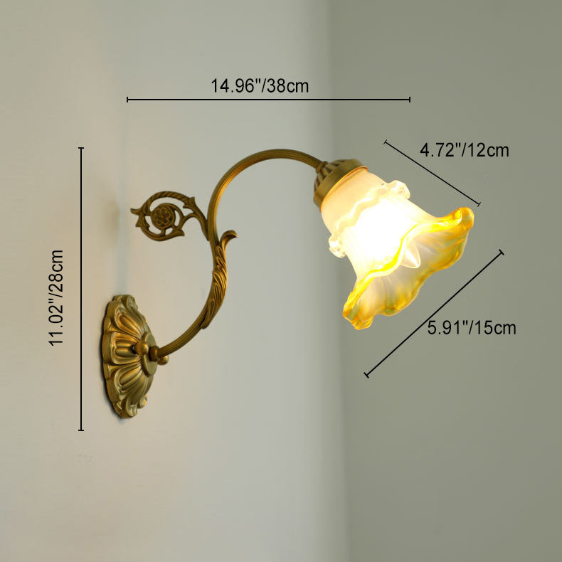 Contemporary French Flower Brass Glass 1-Light Wall Sconce Lamp For Bedroom