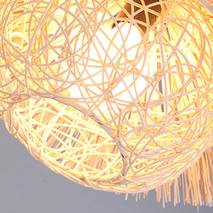 Traditional Japanese Round Cone Straw Hat Shape Rattan 1-Light Pendant Light For Living Room