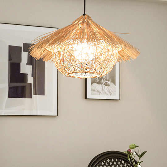 Traditional Japanese Round Cone Straw Hat Shape Rattan 1-Light Pendant Light For Living Room