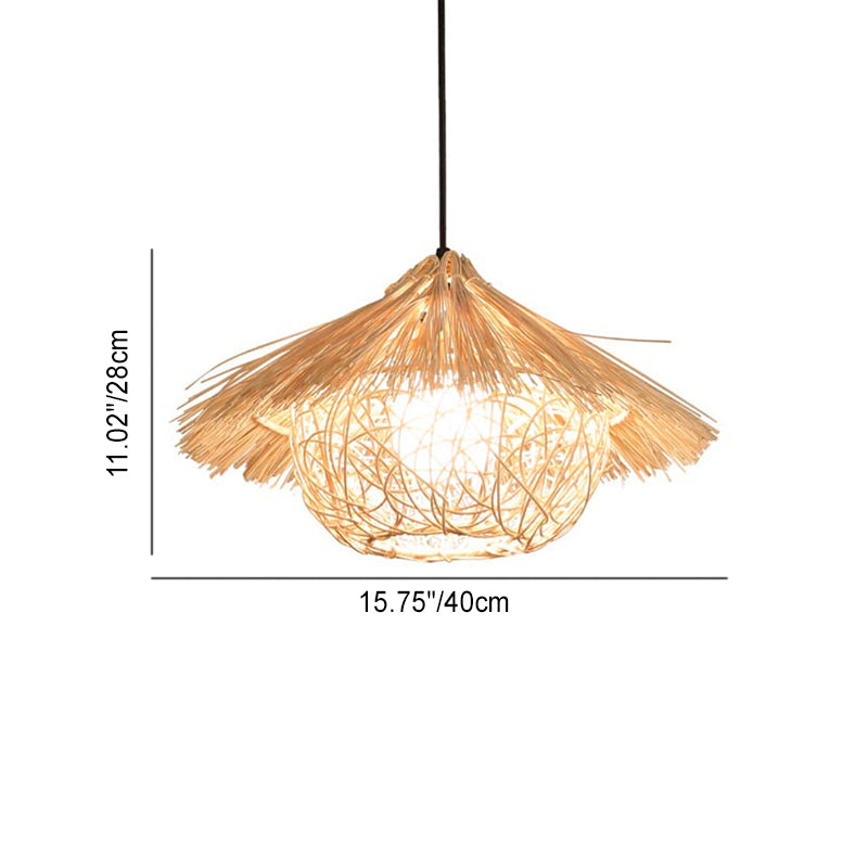 Traditional Japanese Round Cone Straw Hat Shape Rattan 1-Light Pendant Light For Living Room