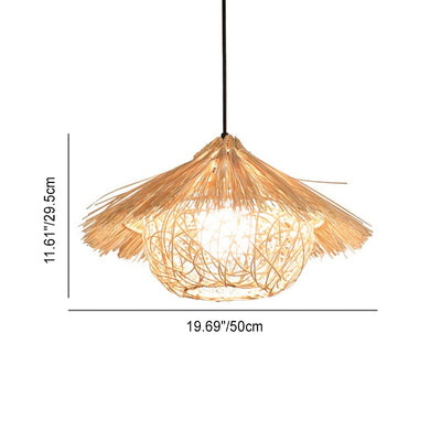 Traditional Japanese Round Cone Straw Hat Shape Rattan 1-Light Pendant Light For Living Room