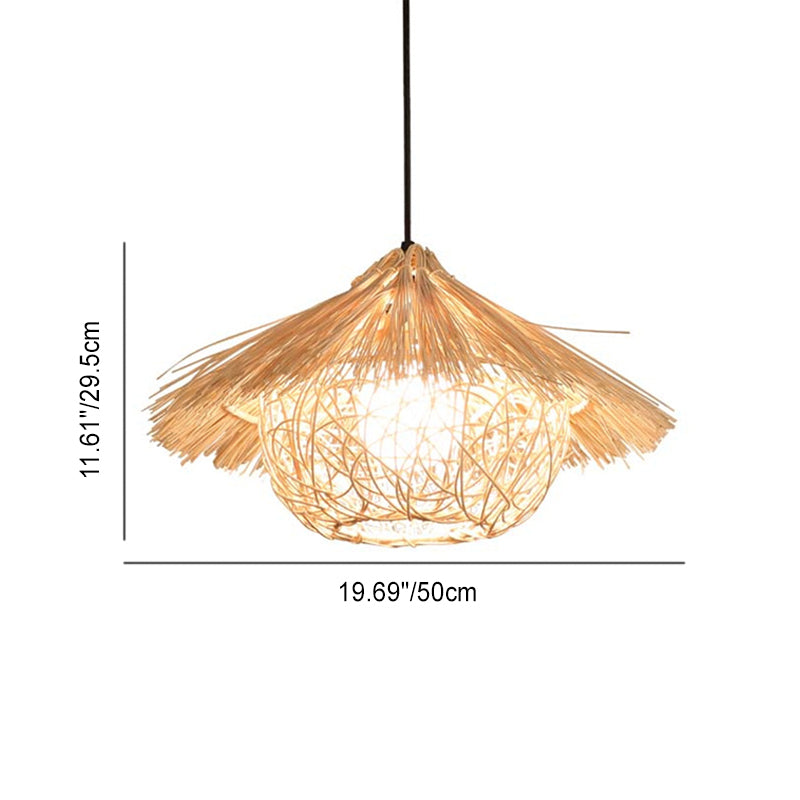 Traditional Japanese Round Cone Straw Hat Shape Rattan 1-Light Pendant Light For Living Room