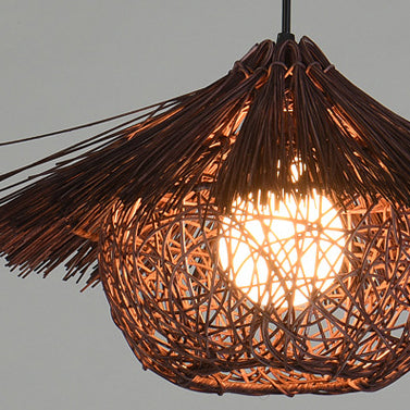 Traditional Japanese Round Cone Straw Hat Shape Rattan 1-Light Pendant Light For Living Room