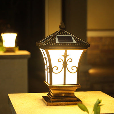 Traditional Chinese Solar Waterproof Quadrangle Carved Aluminum Glass LED Post Head Light Outdoor Light For Garden