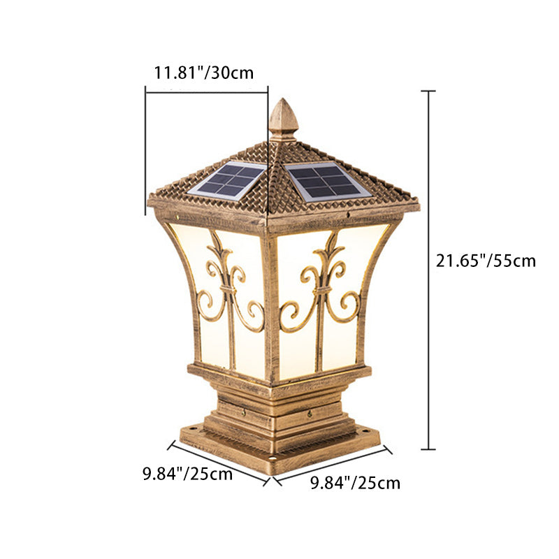 Traditional Chinese Solar Waterproof Quadrangle Carved Aluminum Glass LED Post Head Light Outdoor Light For Garden