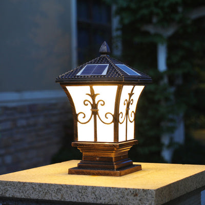 Traditional Chinese Solar Waterproof Quadrangle Carved Aluminum Glass LED Post Head Light Outdoor Light For Garden