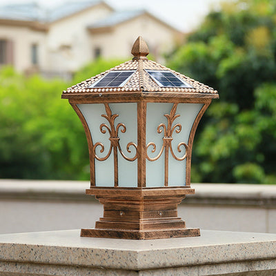 Traditional Chinese Solar Waterproof Quadrangle Carved Aluminum Glass LED Post Head Light Outdoor Light For Garden