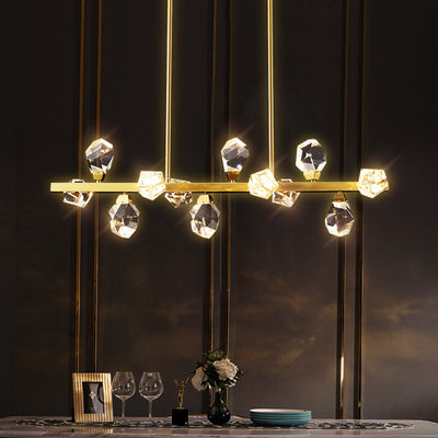 Contemporary Luxury Long Irregular Crystal Full Brass Frame LED Island Light Chandelier For Dining Room