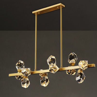 Contemporary Luxury Long Irregular Crystal Full Brass Frame LED Island Light Chandelier For Dining Room