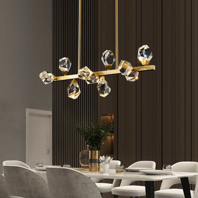 Contemporary Luxury Long Irregular Crystal Full Brass Frame LED Island Light Chandelier For Dining Room