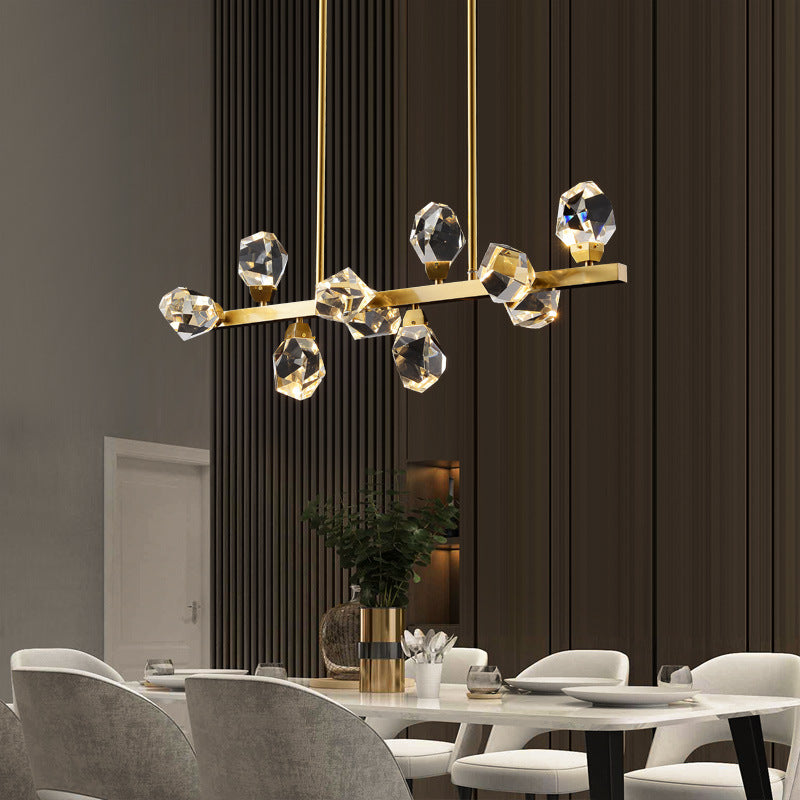 Contemporary Luxury Long Irregular Crystal Full Brass Frame LED Island Light Chandelier For Dining Room